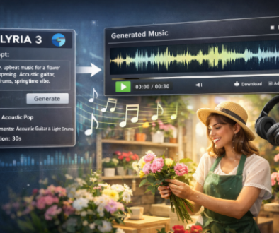 Illustration de génération musicale avec Lyria 3 et Gemini pour créer une bande-son personnalisée pour un Reel Instagram de boutique indépendante