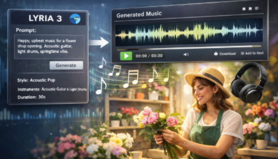 Illustration de génération musicale avec Lyria 3 et Gemini pour créer une bande-son personnalisée pour un Reel Instagram de boutique indépendante