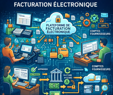 Diagram showing electronic invoicing process flow with six steps: e-invoice creation, platform validation, receiving and integration, review and approval, payment processing, and archiving and reporting