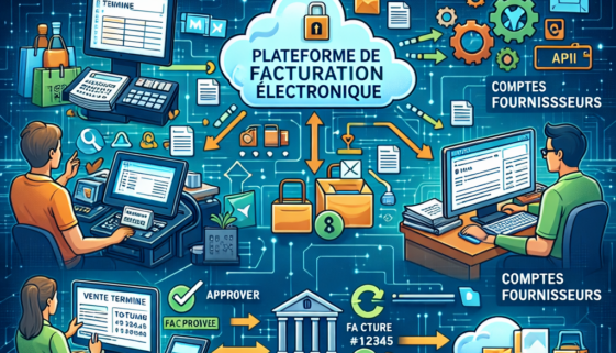 Diagram showing electronic invoicing process flow with six steps: e-invoice creation, platform validation, receiving and integration, review and approval, payment processing, and archiving and reporting