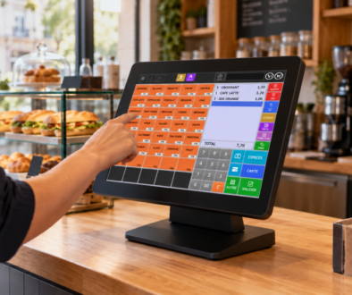 Commerçant utilisant un logiciel de caisse tactile au comptoir d’un snack