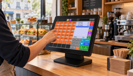 Commerçant utilisant un logiciel de caisse tactile au comptoir d’un snack